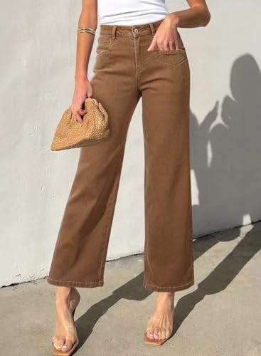 Sidefeel Women's Straight Leg Jeans High Waisted Stretchy Jeans Zimbaplatinum Wide Leg Ankle Denim Pants with Pockets