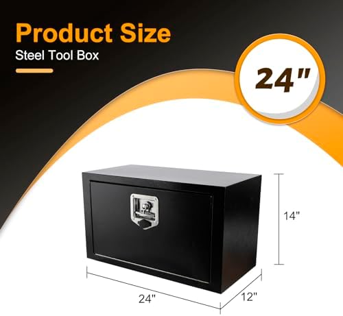 24 Inch Underbody Truck Box Steel Storage Tool Box,24 x 12 x 14 Tool Chest Organizer w/Lock and Keys For Pickup,Truck Bed, RV, Trailer,Heavy Duty Waterproof Black box