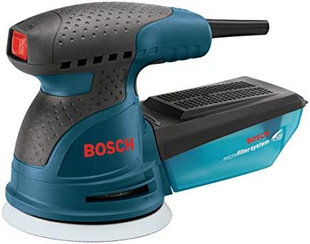 BOSCH ROS10 120 Volt Random Orbit Sander, Blue, 5&BOSCH SR5R000 6-Piece Assortment 5 In. 8 Hole Hook-And-Loop Sanding Discs