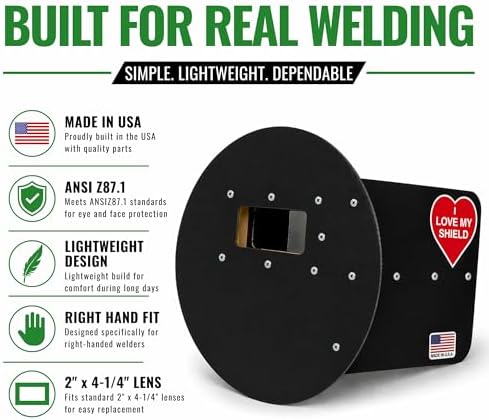 Black Pancake Welding Hood Right Handed, 2" x 4-1/4" Lens Welding Shield, ANSI Z87.1, Lightweight Low Profile Welding Hood