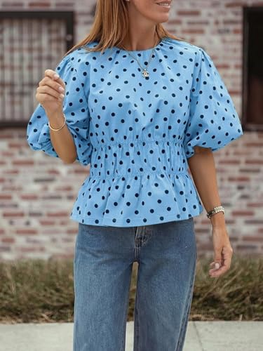 Cicy Bell Women Polka Dot Peplum Blouse Round Neck Puff Sleeve Summer Top