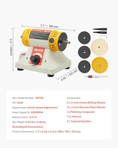 VEVOR Bench Buffer Polisher, 1/2HP Polishing and Buffing Machine, 0 to 8000RPM Benchtop Polisher with 2PCS 4" Cotton Wheel, 3PCS 3" Abrasive Fiber Wheels & Polishing Compound for Metal Jewelry Wood