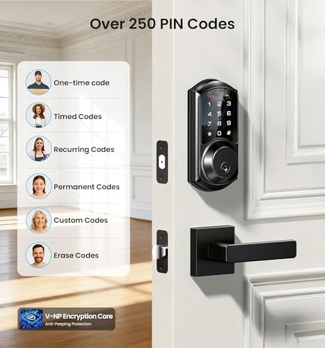 Veise VE06-L Smart Deadbolt Lock with 2 Lever Handle Set, Matte Black | App & Fob Control, Electronic Digital Touchscreen Keypad, Remote Access Sharing, Keyless Entry for Front Door, Auto Lock