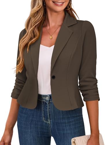 Traleubie Women's Cropped Blazer 3/4 Ruched Sleeve Business Casual
