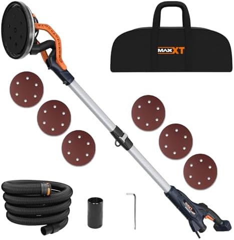 MAXXT Brushless Orbital Drywall Sander, 550W Powerful Constant Speed Electric Drywall Sander, 6 Variable Speed 600-1200 RPM Foldable Sander Tool, With Memory Variable Speed, 360° LED Light