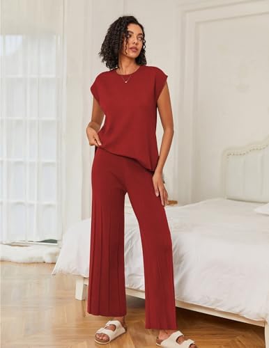 Ekouaer Lounge Sets for Women Two Piece Outfits Knit Cap Sleeve Tops Wide Leg Pleated Pants Casual Dressy Sweater Sets