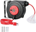 VEVOR Retractable Extension Cord Reel, 30 FT, Heavy Duty 16AWG/3C SJTOW Retractable Power Cord Reel with Lighted Triple Tap Outlet 10 Amp Circuit Breaker 4.5FT Lead-in Cord, for Ceiling or Wall Mount