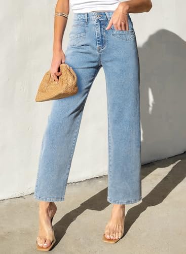 Sidefeel Women's Straight Leg Jeans High Waisted Stretchy Jeans Zimbaplatinum Wide Leg Ankle Denim Pants with Pockets