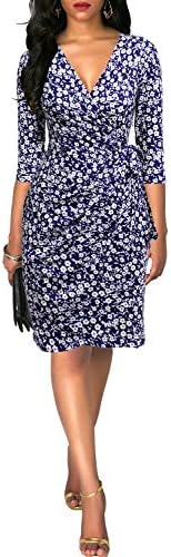 Berydress Women's 3/4 Sleeve V Neck Casual Party Work Faux Black Wrap Dress
