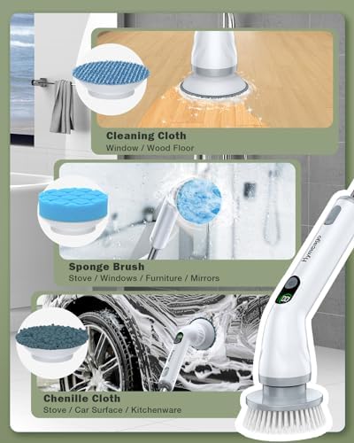 Electric Spin Scrubber, Cordless Shower Scrubber with LED Display & 6 Replacement Cleaning Head, Dual Speed Power Scrubber with Adjustable Extension Handle for Bathroom, Tub, Tile