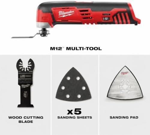 Milwaukee 2426-20 M12 12 Volt Redlithium Ion 20,000 OPM Variable Speed Cordless Multi Tool with Multi-Use Blade, Sanding Pad, and Multi-Grit Papers (Battery Not Included, Power Only)