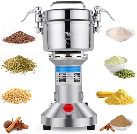 Grain Mill, 2000W High-Speed 750g 304 Stainless Steel grain mill for flour & Professional Spice Grinder for Kitchen Coffee Shop - Grinds Grains, Coffee, Dry Spices, Easy Operation