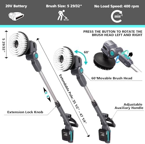 20V Cordless Spin Scrubber with Replaceable Battery, Electric Cleaning Brush with Long Handle & 8 Brush Heads for Outdoor, Bathroom, Tile, Grout, Shower, Bathtub