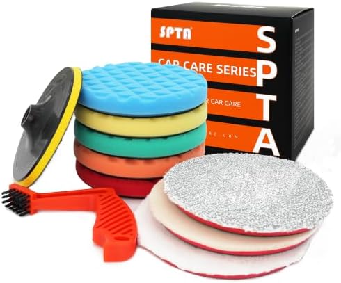 SPTA 10pcs Polishing Pads Kit, 7 Inches Large Size Buffing Pads, Car Foam Buffing Sponge-Pads Kit with 5/8"-11 Backing Plate for Car Waxing Polishing, 7 Inches (Pack of 12)