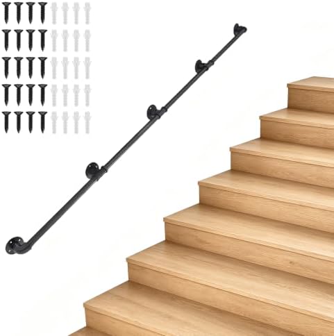 13FT Metal Staircase Hand Rail, Wall-Mounted Industrial Pipe Stair Handrail | Black Galvanized Iron Handrails for Garage, Porch, Toilet, Yard and Garden, Vintage Railing for Outdoor Indoor Stairs