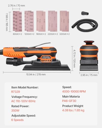 VEVOR 3/8 Sheet 3A EC Brushless Sander, Max. 10000RPM Variable Speed Sheet Finishing Sander with 10PCS Sandpapers and Vacuum Cleaner Adapter for Woodworking