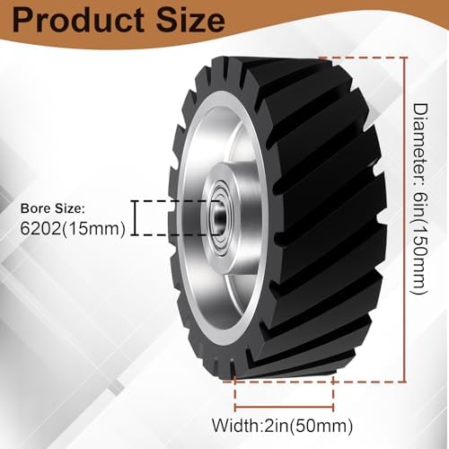 Lounsweer 6x2 Inch Belt Grinder Rubber Wheel, Serrated Contact Wheel, 65a Rubber Hardness with 6202 Bearing for Belt Machine, Polishing Machine Suitable for 180 and 200 Grit Sanders