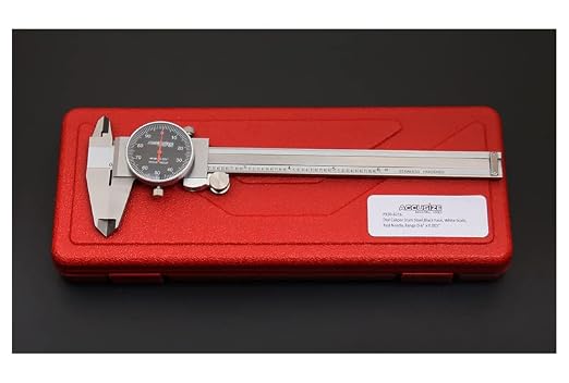 Accusize Industrial Tools 0-6" x 0.001" (Range x Resolution) Dial Caliper, Black Face Red Needle, Stainless Steel in Fitted Box, P920-B216 | 0-6" Range, 0.001" Resolution, Stainless Steel, Satin Chrome Finish, Covered Rack, P920-B216