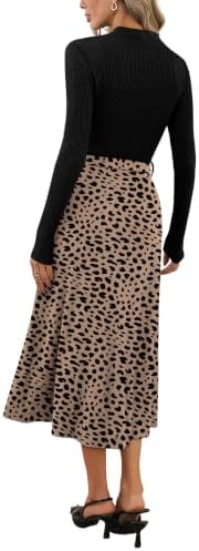 OFEEFAN Long Sleeve Dress Mock Neck Tie Waist Ribbed Knit Midi Dresses Fall Outfits