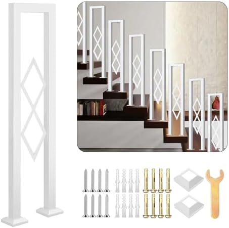 U-Shaped Stair Handrail, White Wrought Iron Hand Rails Decorative Railing for Indoor Stairs, Porch Deck Loft Corridor Safety Non-Slip Support Poles, with Diamond Pattern (White/3.3FT/100CM)