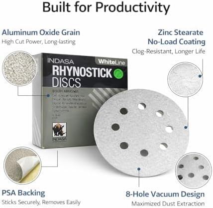 Indasa 5" 8-Hole WhiteLine Rhynostick PSA Sanding Discs (56 Series), Aluminum Oxide Vacuum Sandpaper, 40–400 Grit, Pressure Sensitive Adhesive, 50 or 100 Discs (5 Inch, 8 Holes, 100, Medium)