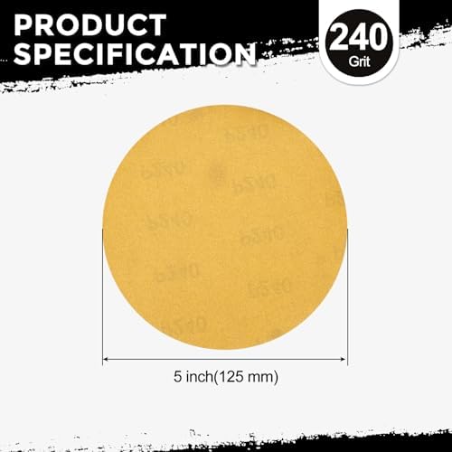 50Pcs Sanding Discs 5In 240Grit Hook and Loop Sandpapers Yellow
