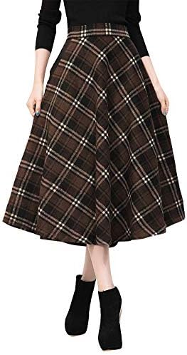 IDEALSANXUN Womens Plaid Wool Skirts Elastic Waist A-Line Pleated Tartan Long Skirts