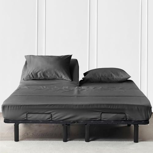 JS Sanders Collection 600TC Flex Top Queen Sheets for Sleep Number Bed - 100% Cotton 4 Pcs Top Split Queen Sheets for Adjustable Bed Queen 32 Inch Down Dark Grey -18 Inch Deep