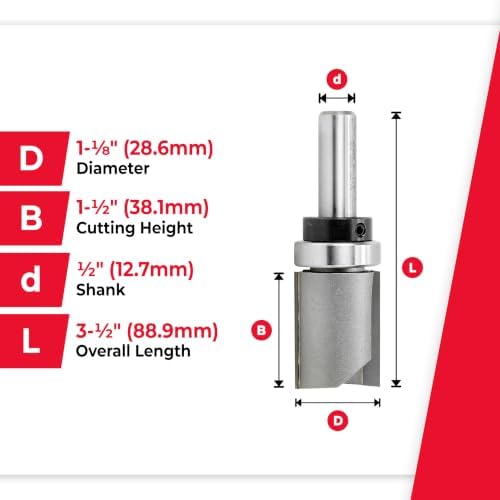 Amana Tool 45468 Carbide Tipped Flush Trim Plunge Template Router Bit 1-1/8 Dia x 1-1/2 x 1/2 Inch Shank with Upper Ball Bearing
