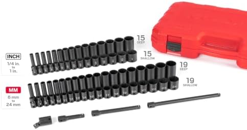 TEKTON 3/8 Inch Drive Impact Socket Set, 72-Piece | SID91406 | (1/4 - 1 in., 6 - 24 mm), Shallow and Deep, 12-Point, Case