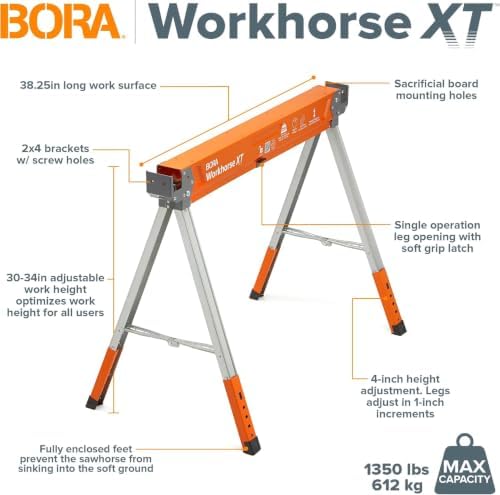 BORA Workhorse XT Saw Horses 2 Pack Adjustable Folding Heavy Duty Sawhorse