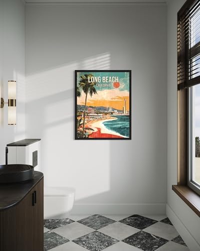 Long Beach California Black Framed Wall Art Print Poster, US Vintage Retro Beach Scenery Posters Prints for Restroom Home Picture Painting Artwork Gallery 219 (Long Beach California, 14"L x 11"W, Black Frame)