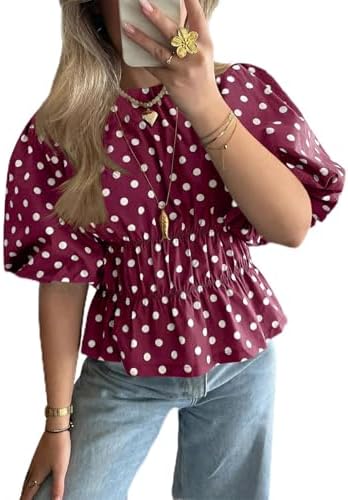 Cicy Bell Women Polka Dot Peplum Blouse Round Neck Puff Sleeve Summer Top