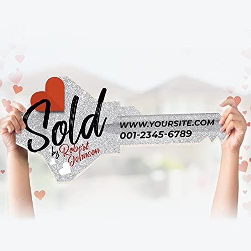 Customized Real Estate Sold Key Prop - Personalized Giant Key Sign For Realtors - Custom Sold Key For Real Estate Marketing - Real Estate Closing Prop House Key - Silver Heart Style Size M
