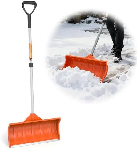Snow Pusher, 24-inch Wide Snow Shovel for Driveway, Snow Removal Tool for Car Garage, Sidewalks and Doorways, Snow Pusher Shovel with Ergonomic Grip and Aluminum Strip, Orange