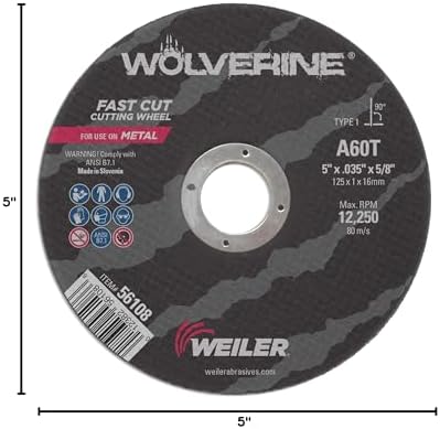 Weiler 56108 5 Inch Cutting Wheel, Wolverine AO Steel/Metal Fast Cutting, .035" A60T Type 1 5/8" Arbor, Pack of 25