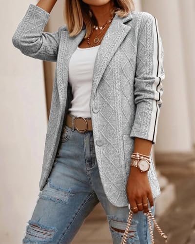 CHICME Women's Argyle Cable Jacquard Tape Sleeve Button Work Travel Blazer