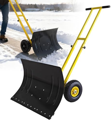 Snow Shovel, 29” Wide Heavy-Duty Metal Snow Pusher, 10” Pneumatic Rubber Wheels, 7-Position Angled Blade, Adjustable Height Anti-Slip Handle, Snow plow for Doorway, Driveway, Sidewalk, Single