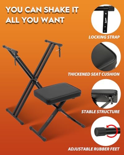 STRICH Piano Keyboard Stand Stool Set, Adjustable Double X-Style Portable Stand for 54-88 Key Electric Digital Keyboards Pianos & Piano Bench, Chair, Black, SKT-01