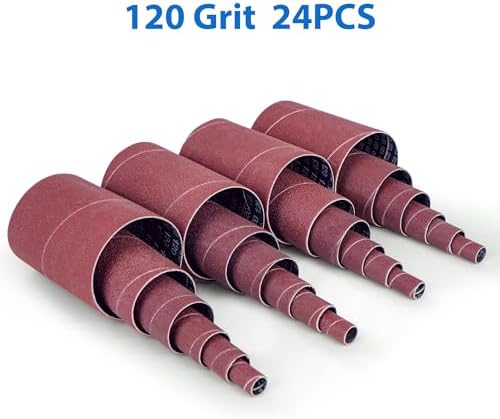 LotFancy Spindle Sanding Sleeves, 120 Grit, Pack of 24, Aluminum Oxide Abrasive, 4-1/2” Length, 4 Each of 1/2”,3/4”,1”,1-1/2”, 2” and 3”