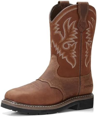 HISEA NINGO Steel Toe Work Boots for Men Square Toe Cowboy Boots Soft Toe