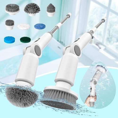 Electric Spin Scrubber, Adjustable Angle Cordless Shower Scrubber, Waterproof Bathroom Scrubber with Display & 7 Replaceable Brush Heads, Power Scrubber for Bathroom Floor Tub Tile（grey white 2）