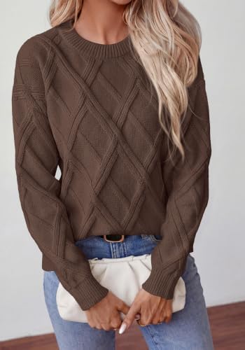 Okiwam Women's Long Sleeve Sweaters Crewneck Cable Knit Pullover