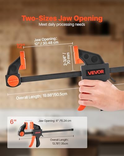 VEVOR Bar Clamps for Woodworking, 2-Pack 12 inch and 2-Pack 6 inch, One-Handed Clamp/Spreader, Quick-Grip F-Clamp with 154 lbs Load Limit, Premium Plastic and Steel, for Woodworking Metal working