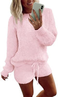 Ekouaer Fuzzy Fleece Pajamas 2 Piece Warm Soft Lounge Set Long Sleeve Sweater Top and Shorts Loungewear Outfits Sweatsuits