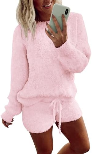 Ekouaer Fuzzy Fleece Pajamas 2 Piece Warm Soft Lounge Set Long Sleeve Sweater Top and Shorts Loungewear Outfits Sweatsuits