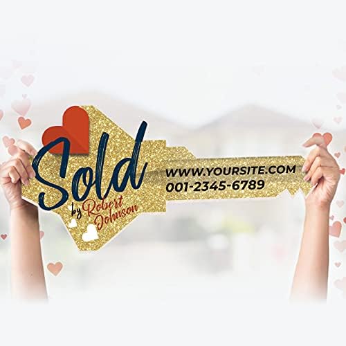 Customized Real Estate Sold Key Prop - Personalized Giant Key Sign for Realtors - Custom Sold Key for Real Estate Marketing - Real Estate Closing Prop House Key - Gold Heart Style Size L