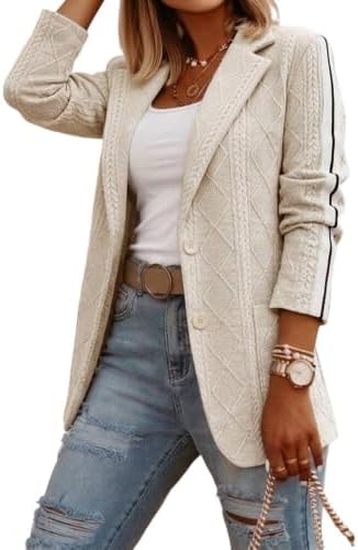 CHICME Women's Argyle Cable Jacquard Tape Sleeve Button Work Travel Blazer