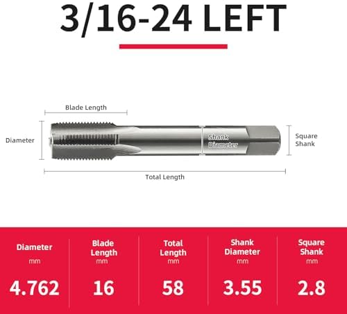 3/16-24 Left Hand Straight Flute Thread Tap Machine Tap HSS (High Speed Steel) Threading Tapping Repair Tools DRINYOUNG (3/16-24 Left)