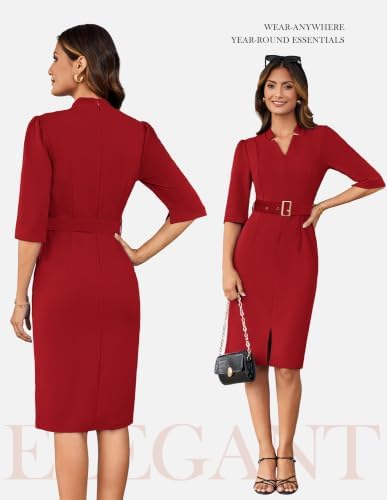 GRACE KARIN Women's Work Dress 3/4 Sleeve V Neck Bodycon Dress with Belt